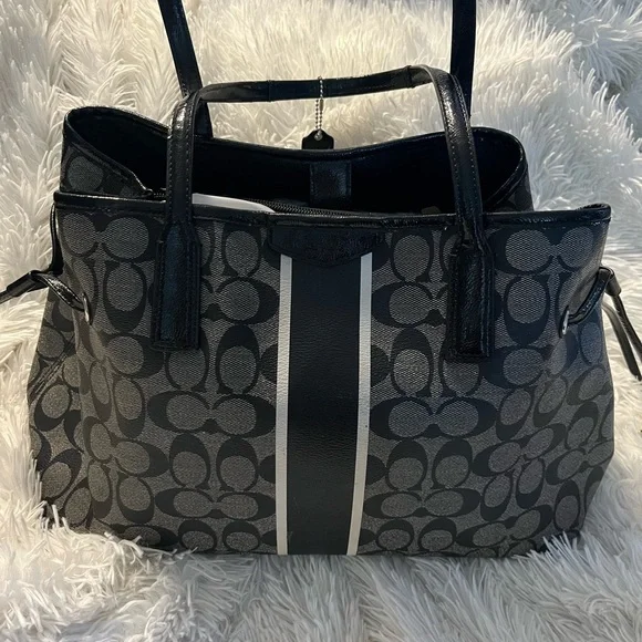 EUC COACH SIGNATURE STRIPE DRAWSTRING TOTE CARRYALL HANDBAG SATCHEL D1481-F29064